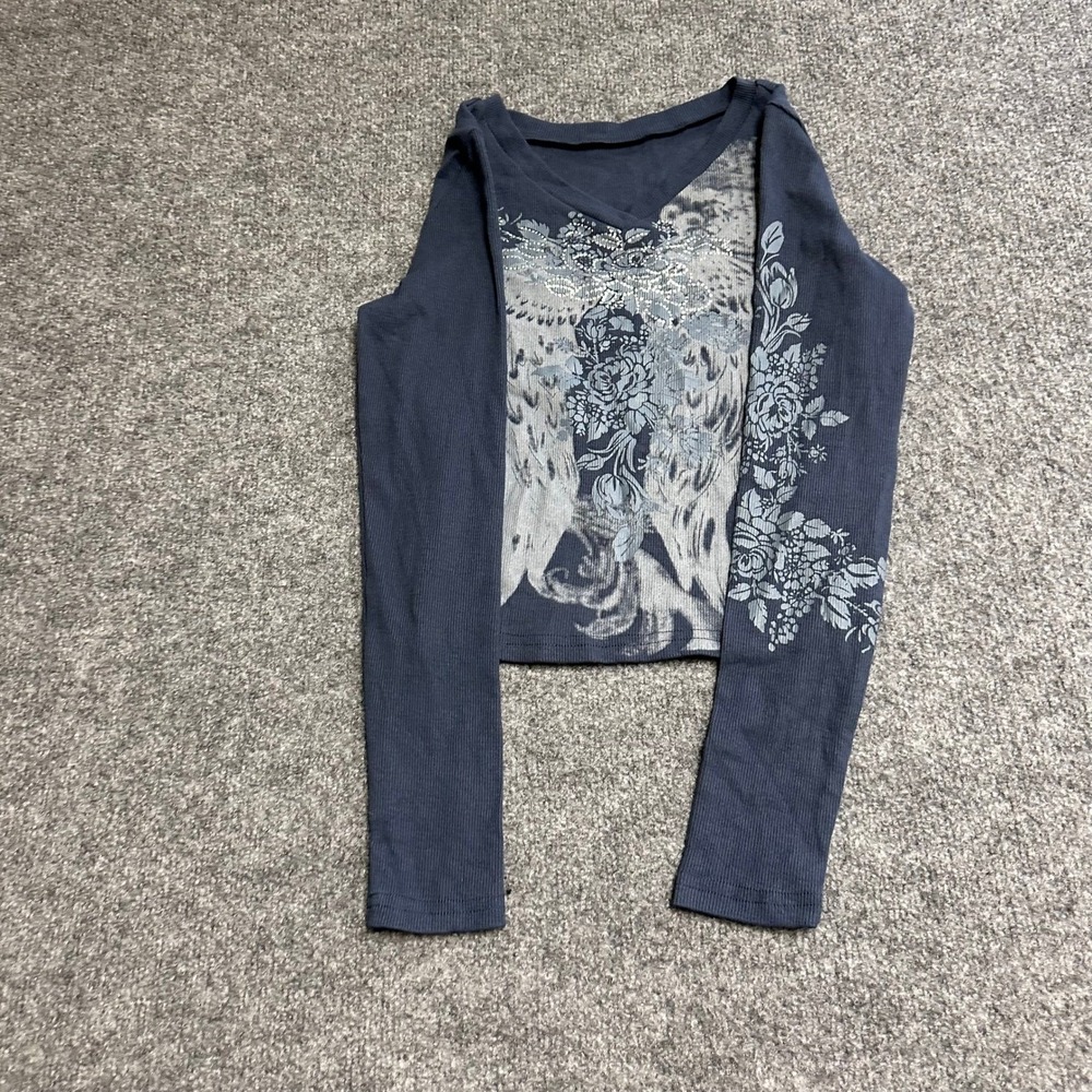 Unbranded Top Womens Size S Blue Ribbed Graphic Rhinestone Long Sleeve Y2K Style